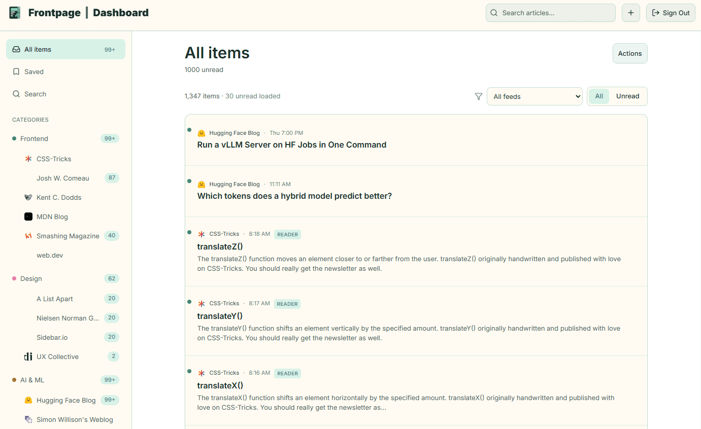 Screenshot of the RSS feed reader